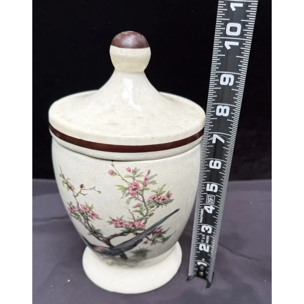 Antique Porcelain Jar & Lid With Bird & Cherry Blossom Tree Marked USA